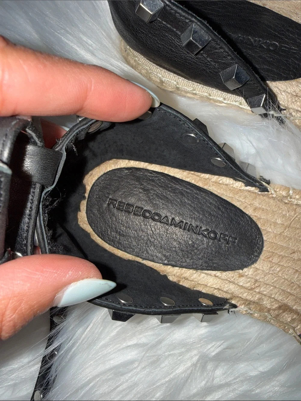 Rebecca Minkoff Black Leather Espadrille Flats with Studded Ankle Wraps Size 7.5